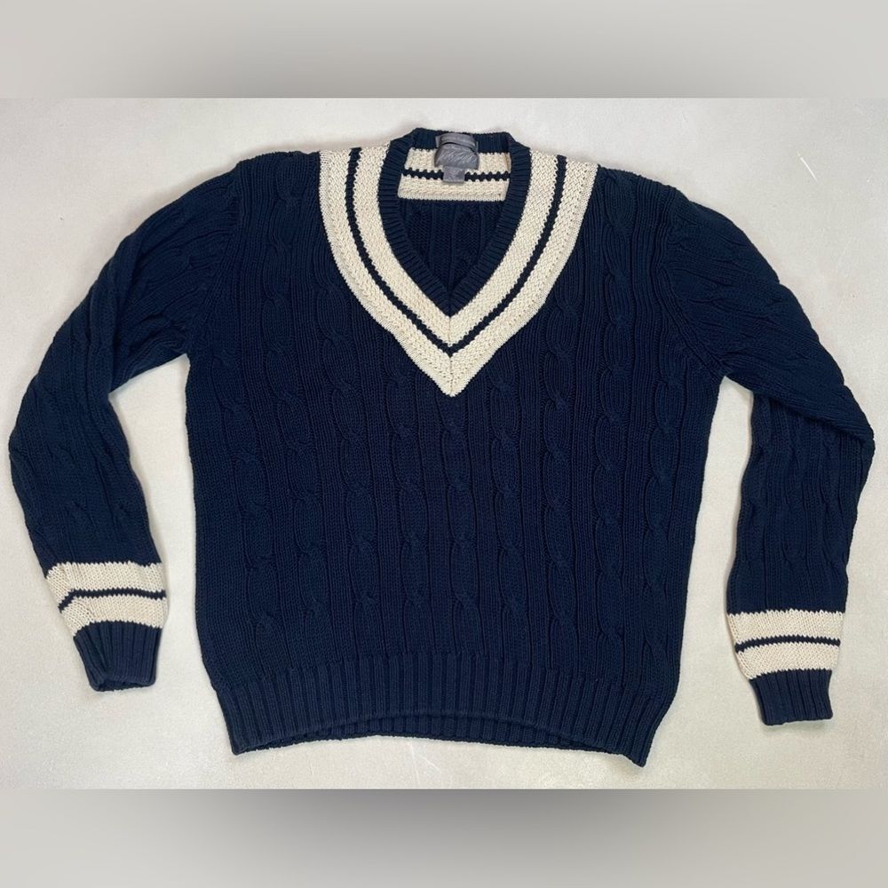 Lord & Taylor Navy Blue V-Neck Cable Knit Sweater with Cream Trim